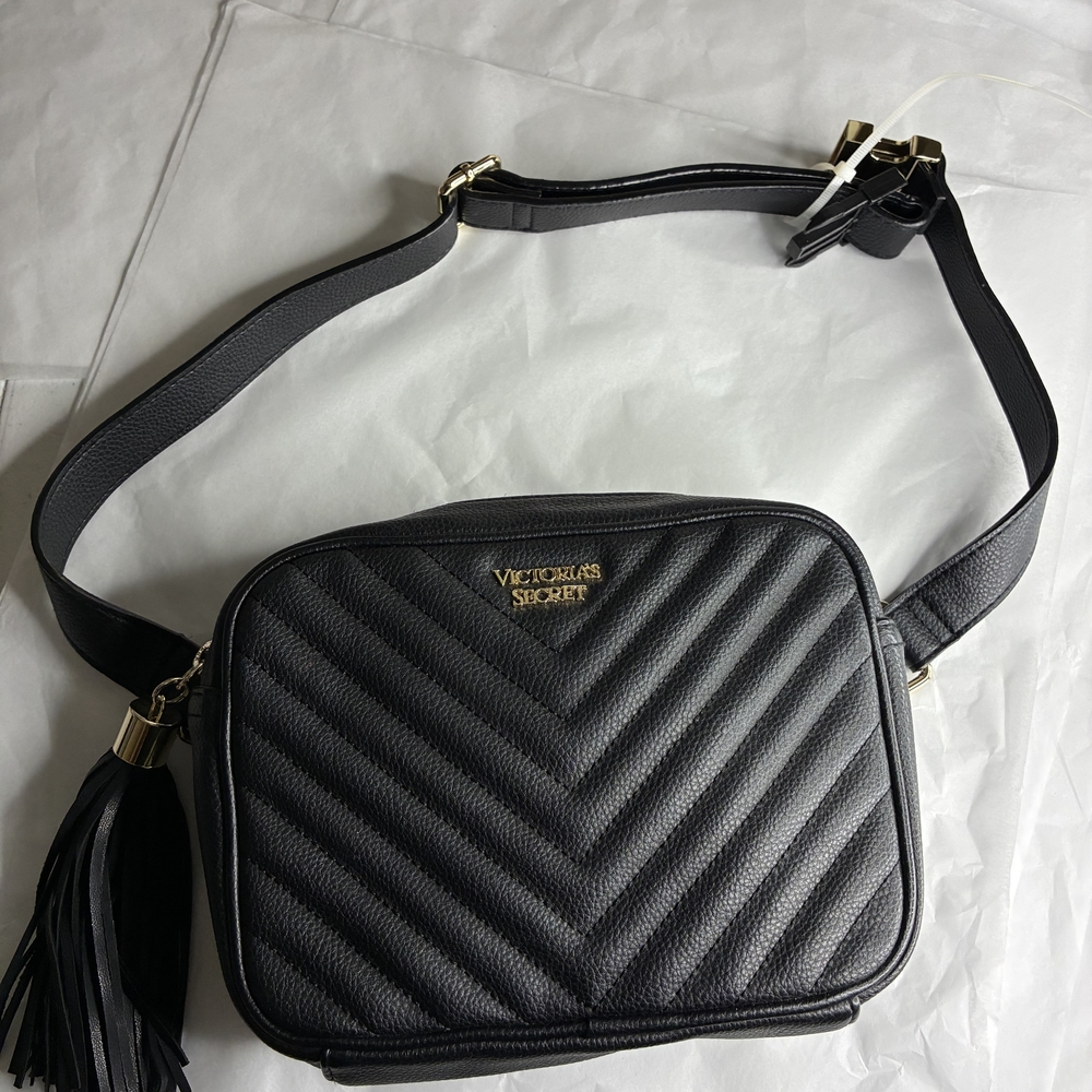 Victoria's Secret Black Quilted Crossbody Camera Bag with Tassel Charm